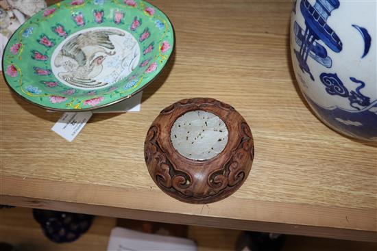 An 18th century Chinese blue and white jar and cover, the cover with inlaid jade plaque overall height 24cm